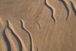 This image shows sand dunes as seen from above. The peaks of the dunes snake across the landscape creating shadows.